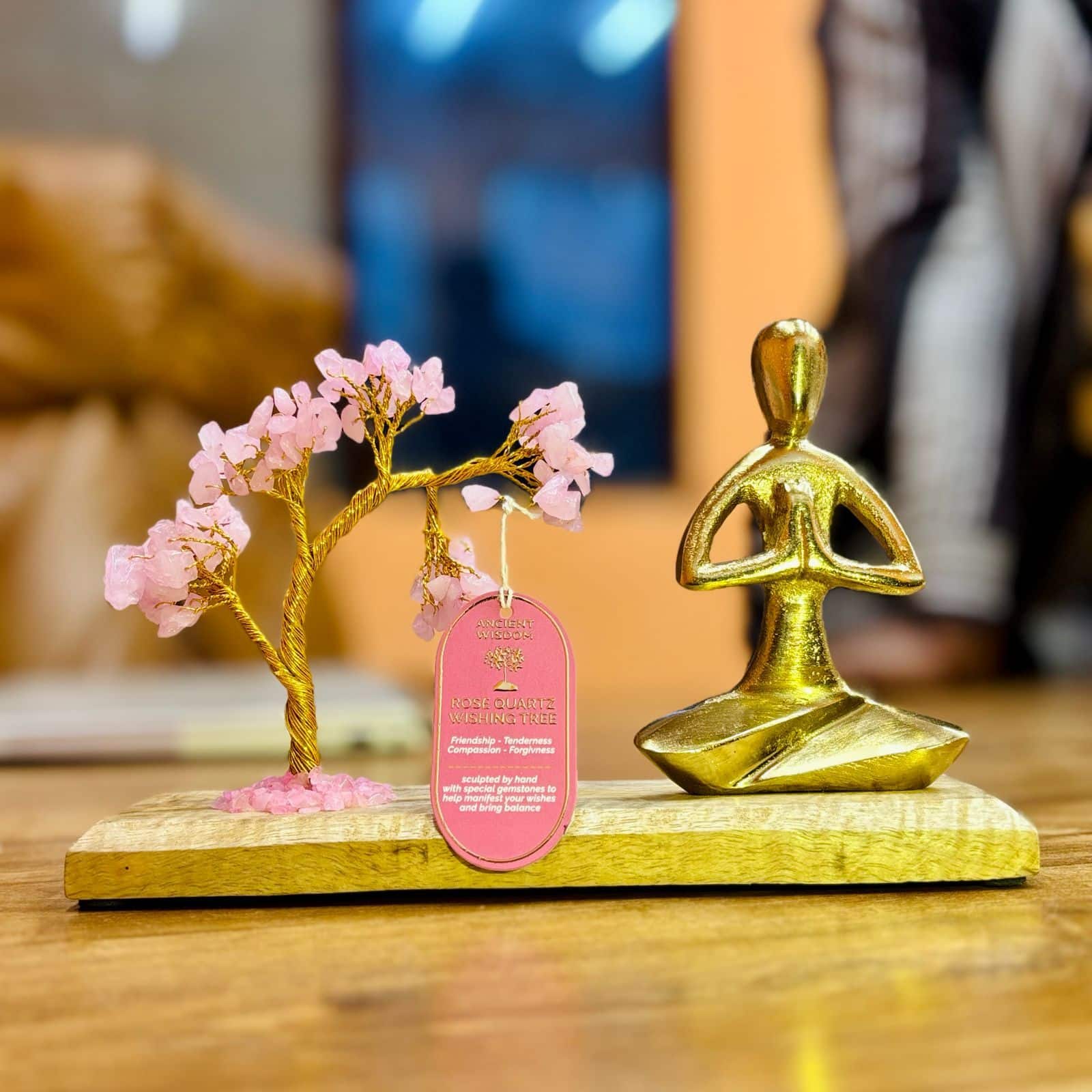 bG9jYWw6Ly9tZWRpYS85Ti8yRS82MFIzMEMxSDc0UksyRTlOLzQ5ZmQxNjljLmpwZWc Gemstone Yoga Garden - Namaste Pose - Rose Quartz Tilted Tree - 100 chipstones - Image 1