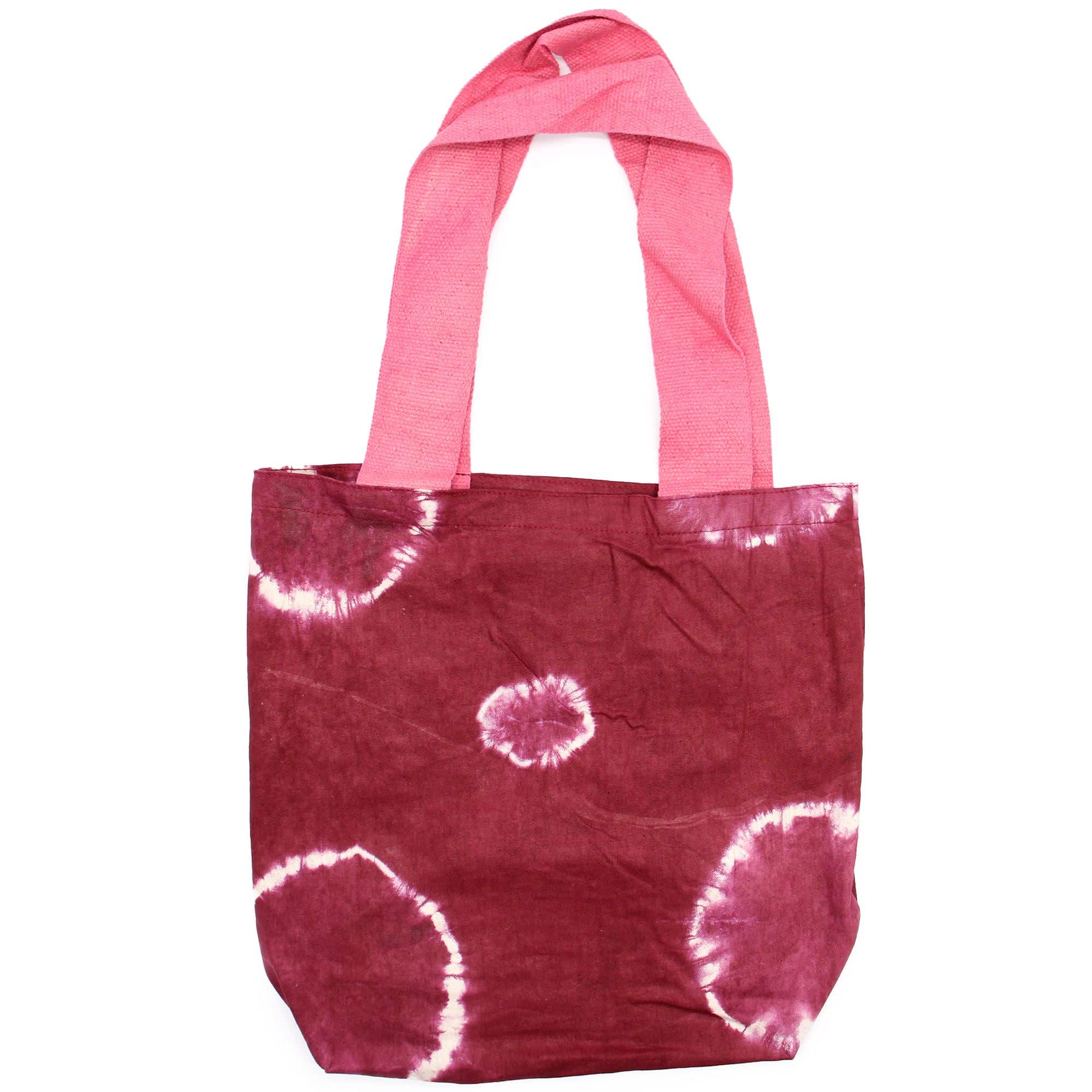 bG9jYWw6Ly9tZWRpYS8xUC8wRS82MFIzMEMxRzZSVzMwRTFQL2QzZjRiODk0LmpwZWc Natural Tye-Dye Cotton Bag (8oz) - 38x42x12cm - Maroon Rings - Pink Handle - Image 1