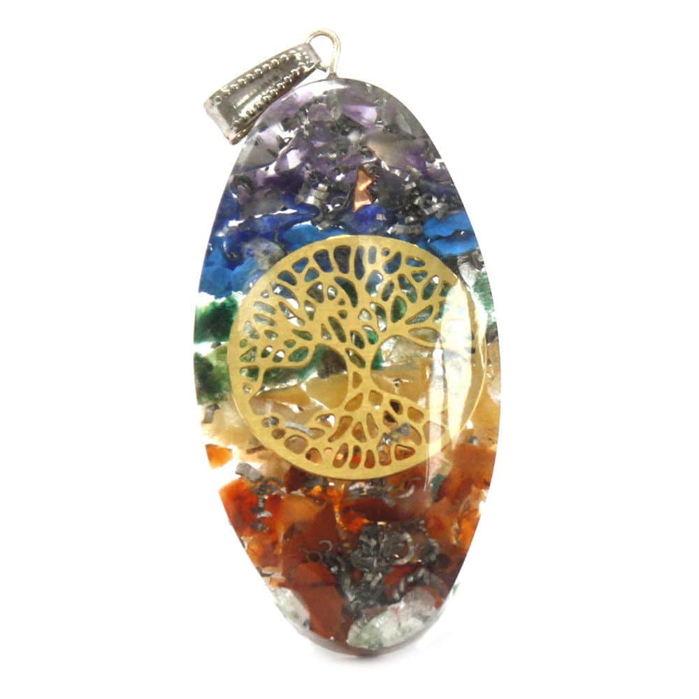 bG9jYWw6Ly9tZWRpYS8xUi84RS82MFIzMEMxRzZNVjM4RTFSLzNkMzJiMmEyLmpwZWc Orgonite Power Pendant - 7 Stone Chakra Oval with Tree - Image 1