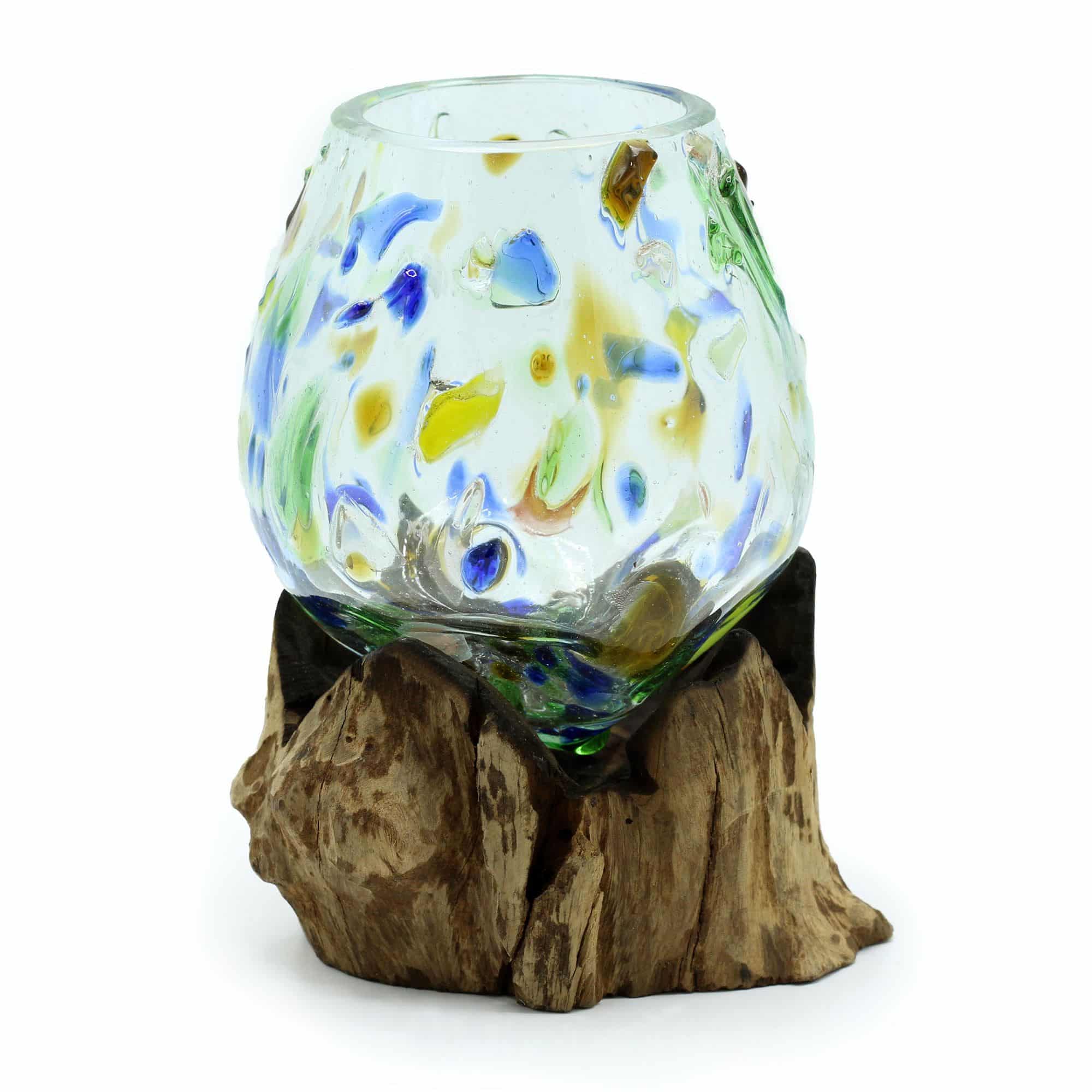 bG9jYWw6Ly9tZWRpYS9ISC8wQy82MFIzMEMxRzZXU0swQ0hILzE1ZDBkODU2LmpwZWc Molten Coloured Glass on Wood - Medium Bowl - Image 1