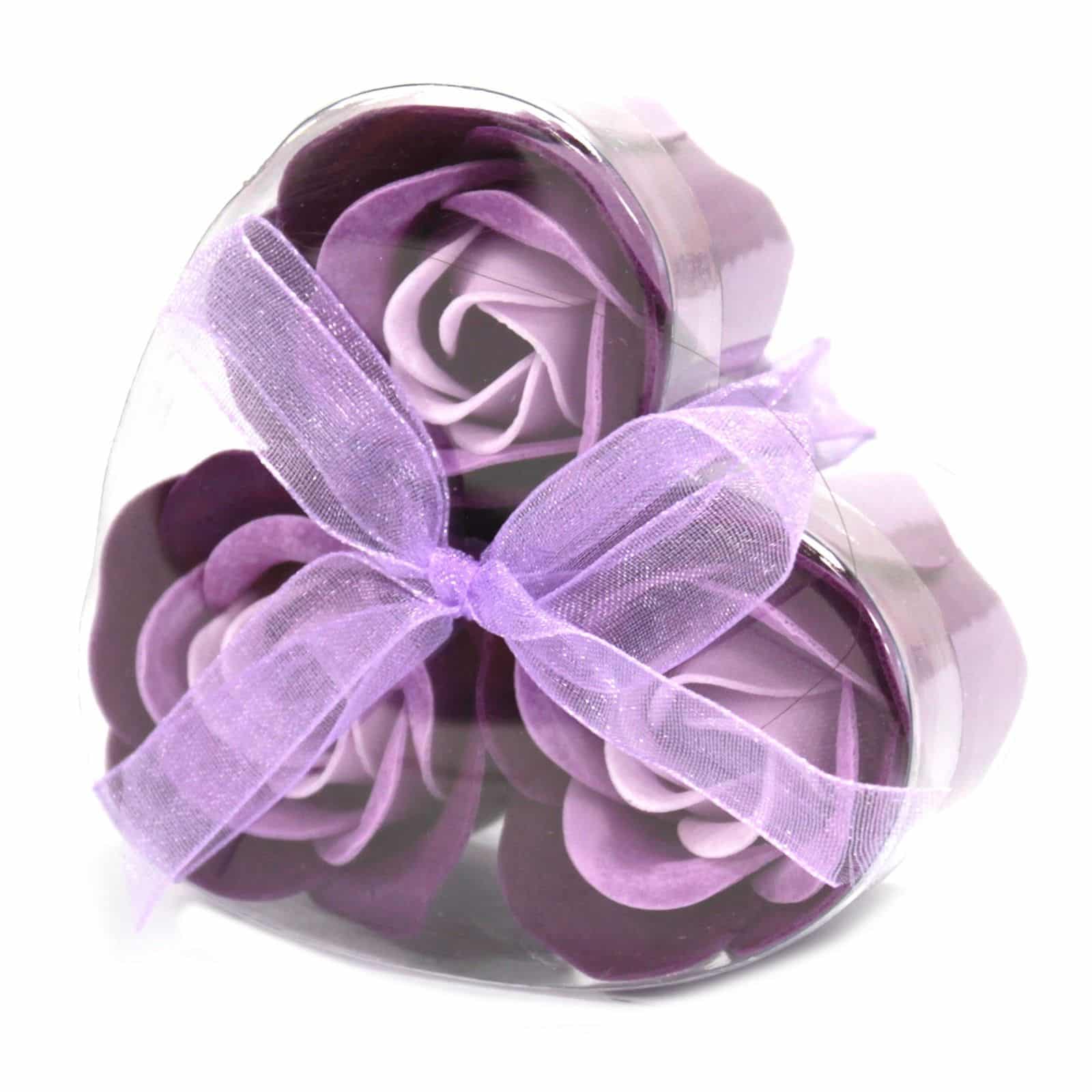 bG9jYWw6Ly9tZWRpYS9IUC9BRC82MFIzMEMxRzZHVjNBREhQL2Y5ZWZhNzI2LmpwZWc Set of 3 Soap Flower Heart Box - Lavender Roses - Image 1