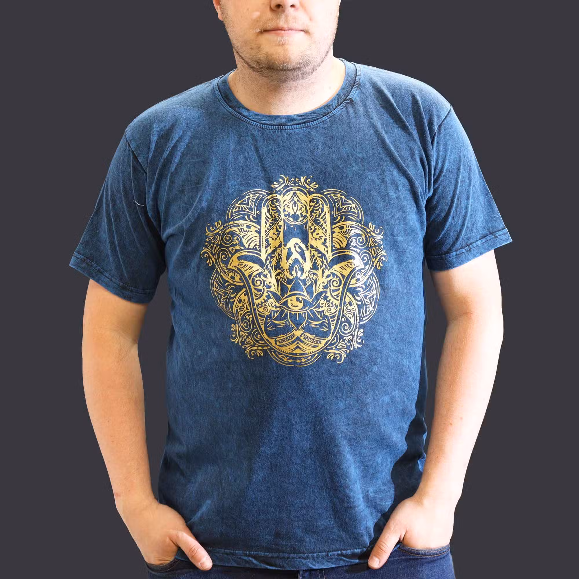 aa3b99eb Nomad Sari Stonewashed Cotton T-Shirt – Hamsa – Blue – XL - Image 1