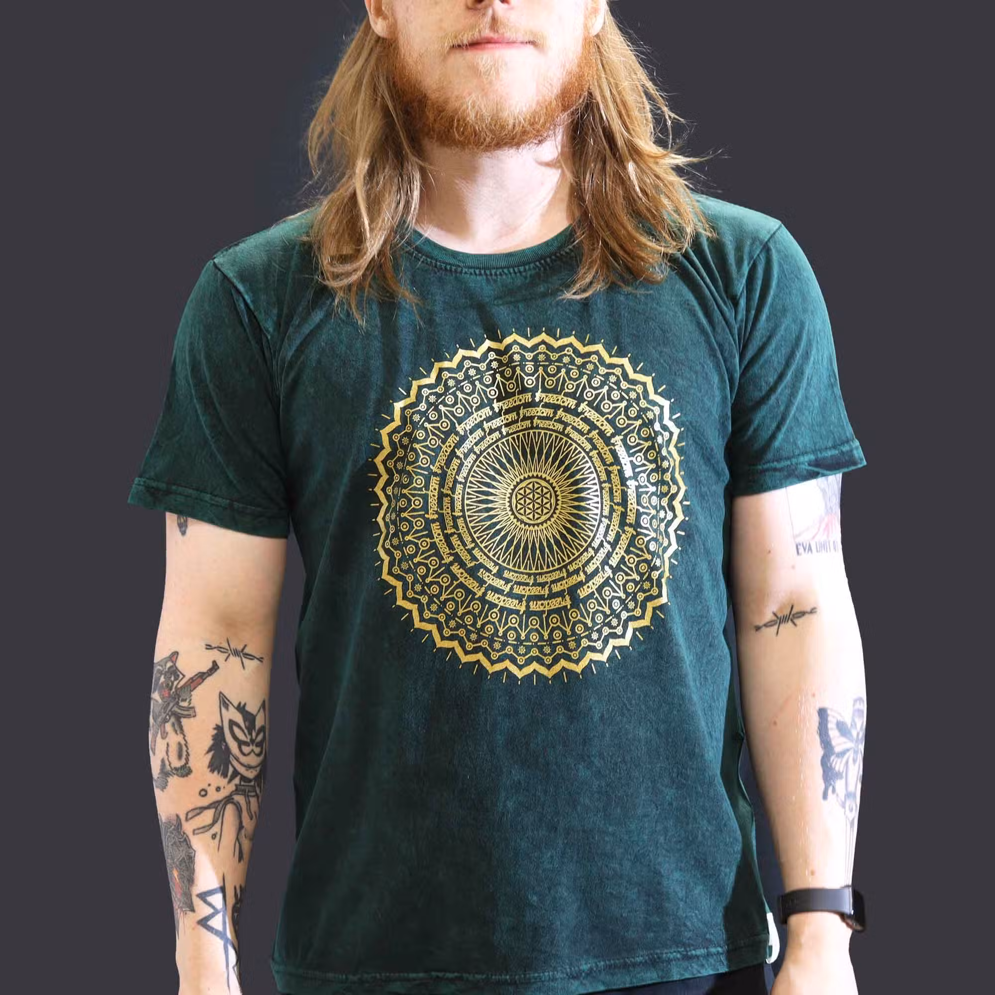 ace73e2a Nomad Sari Stonewashed Cotton T-Shirt – Mandala – Green – Large - Image 1
